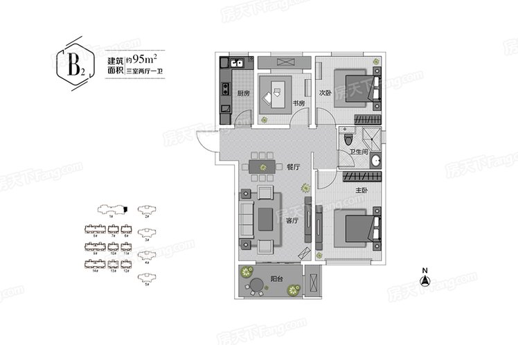 三期B2户型 3室2厅1卫1厨 建筑面积：95.00㎡