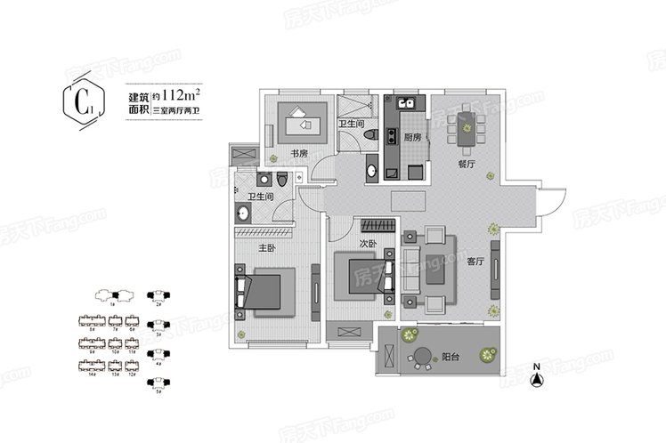 三期C1户型 3室2厅2卫1厨 建筑面积：112.00㎡